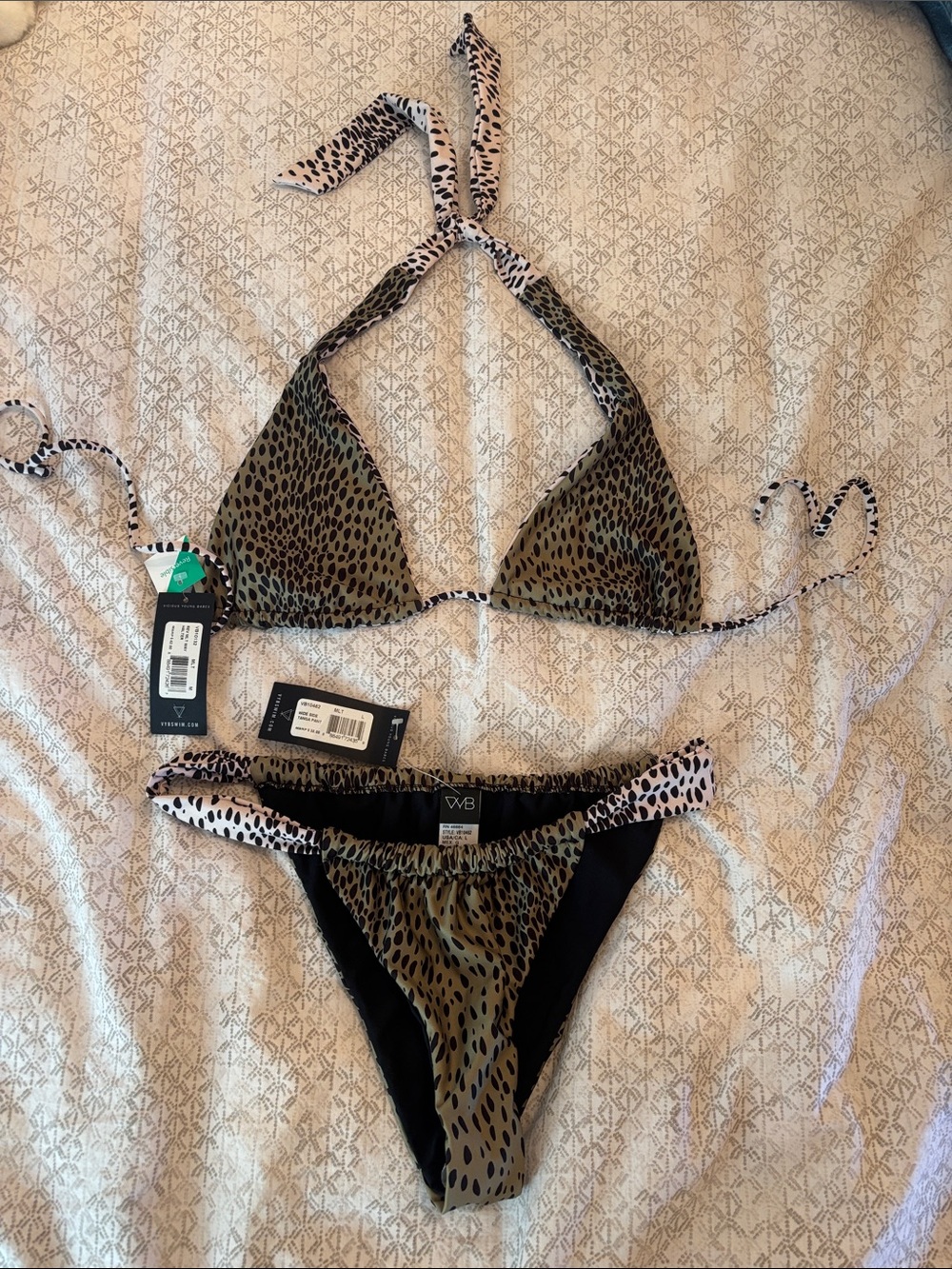 VB Olive Leopard Triangle Bikini Set with Contrast Trim